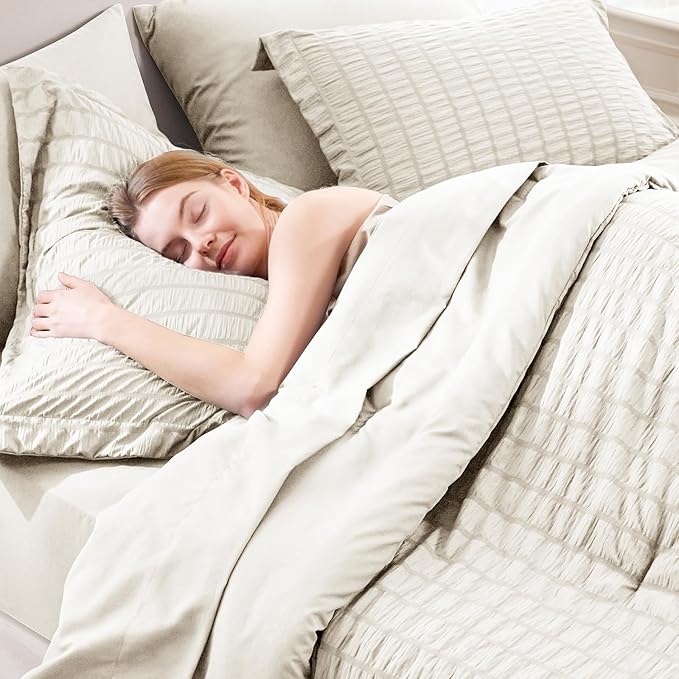 CozyLux King Size Comforter Set Beige Seersucker 7 Pieces Bed in a Bag King Comforter Set with Sheets, Luxury Soft Bedding Set with Down Alternative Comforter, Sheets, Pillowcases & Shams All Seasons