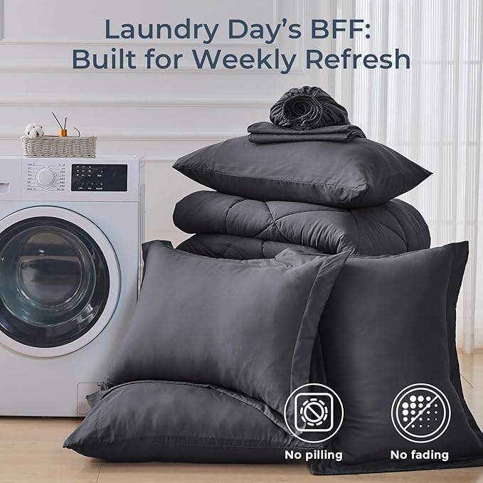 HEVUMYI Full Comforter Set - 7-Piece All Season Bed in a Bag Full, Ultra Soft Bedding Set with Comforter, Flat Sheet, Fitted Sheet, Pillowcases, Pillow Shams, Dark Grey