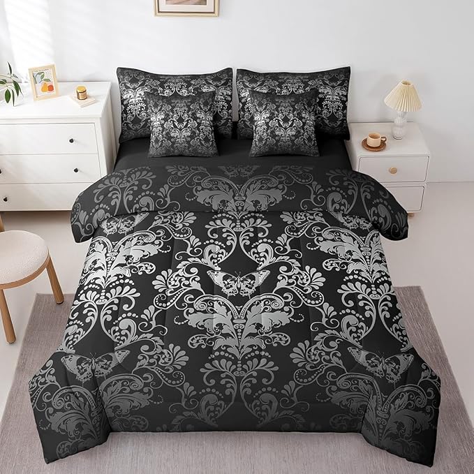 Erosebridal Gothic Damask Bed in a Bag King Size Comforter Set 7 Pieces,Butterfly Skull Bedding Sets White Black Victorian Floral Goth Sheet Set with Comforter