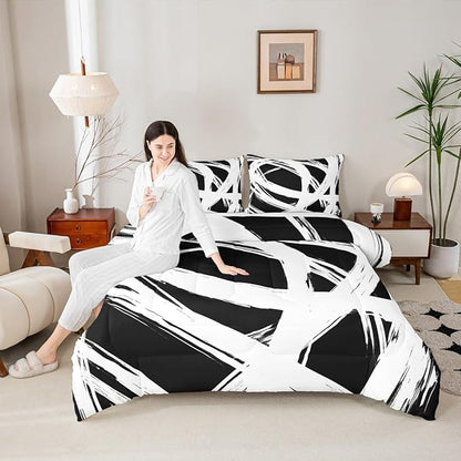Erosebridal White and Black Abstarct Toddler Bedding Set,Aesthetic Geometric Comforter Set for Minimalists,Graffiti Stripes Lines Quilt,Contemporary Boho Modern Art Duvet Insert for Minimalism