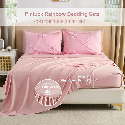 Dinjoy Ombre Comforter Set Full Size, 7-Piece Bed in a Bag for Kid Teen, Pintuck Colorful Rainbow Bedding Sets with Comforter, Flat Sheet, Fitted Sheet and Pillowcases & Shams, Pink