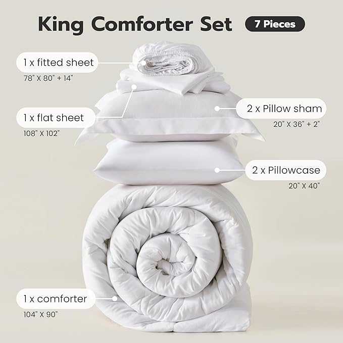 JOIEDOMI King Size Comforter Set with Sheets White, 7 Pieces King Bedding Set with 1 Down Alternative Comforter, 1 Flat Sheet, 1 Fitted Sheet, 2 Pillowcases and 2 Pillow Shams Bed in a Bag All Seasons