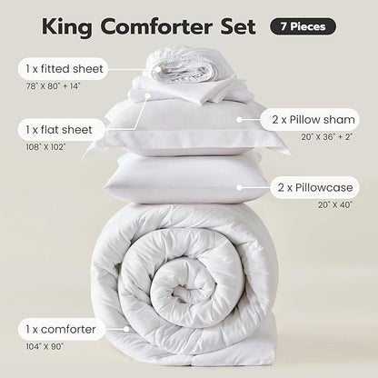 JOIEDOMI King Size Comforter Set with Sheets White, 7 Pieces King Bedding Set with 1 Down Alternative Comforter, 1 Flat Sheet, 1 Fitted Sheet, 2 Pillowcases and 2 Pillow Shams Bed in a Bag All Seasons