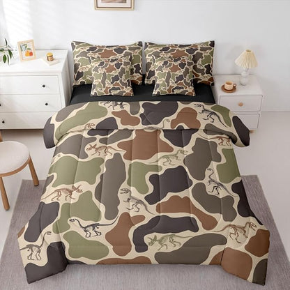 Erosebridal Camo Dino 7 Piece Bedding Set King Army Camouflage Comforter Set with Sheets Dinosaur Skeleton Farmhouse Green Bed in a Bag Boys Vintage Hunting Theme Bed Sets Comforter