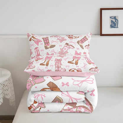 Feelyou Pink Western Bedding Set Cowgirl Cowboy Boots Comforter Set for Kids Boys Girls Teens Room Decor Cute Bowknot Dreamy Princess Style Comforter Queen Size Girly Duvet Set 3Pcs
