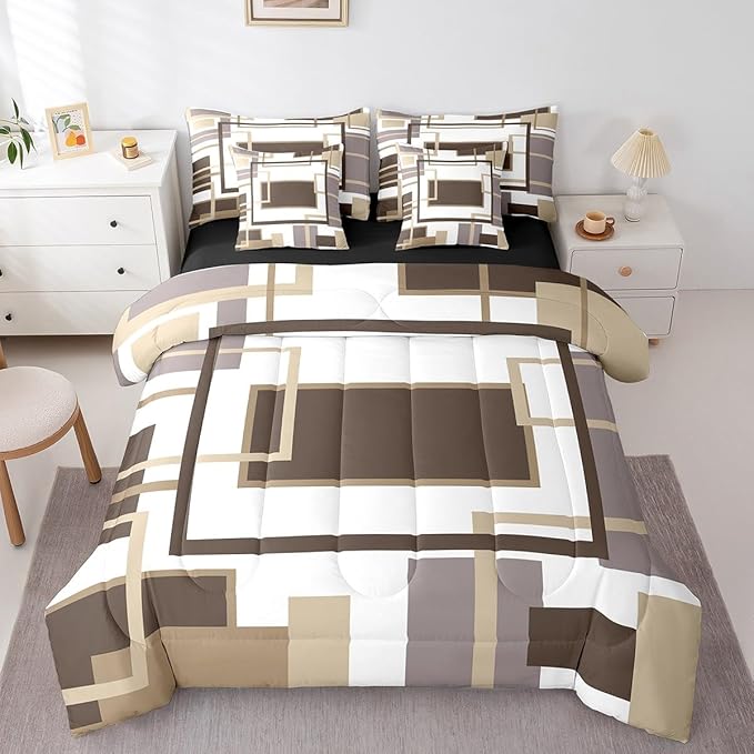 Erosebridal 7Pcs Khaki Square Geometric Comforter Set Twin,Minimalist Striped Abstract Bed in A Bag for Women Men Adults,Modern Aesthetic Art Quilt Set with Pillowcases,Geometric Stripes Bedding