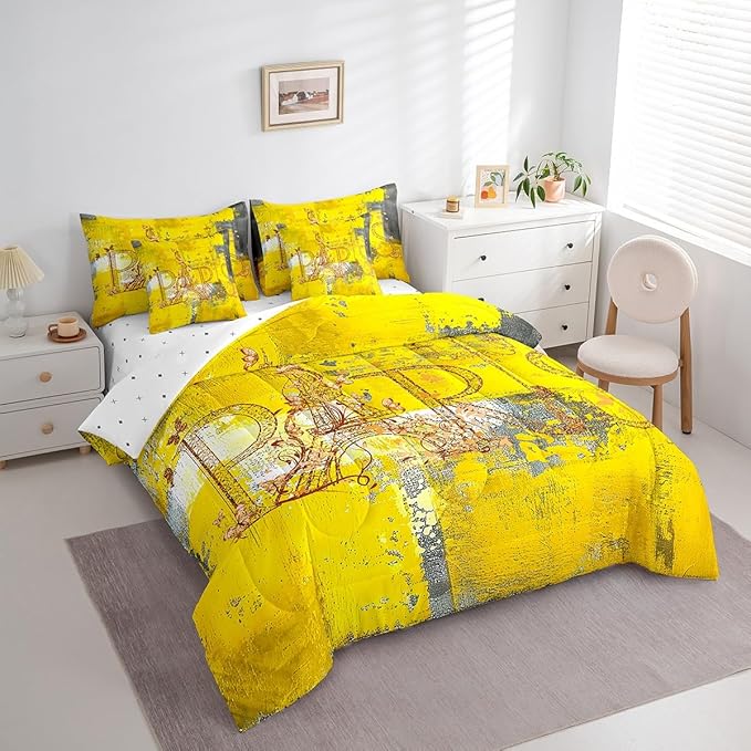 Erosebridal French Paris Full Comforter Set 7pcs Romantic Eiffel Tower Bed in a Bag, Yellow Gradient Bedding Comforter Sets Retro Grunge Bedding Set with Fitted Sheet, Flat Sheet and Pillowcases