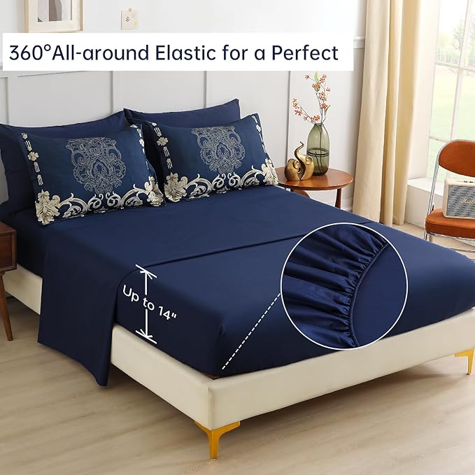 Mybedsoul 7 Pieces Blue Gold Comforter Set King Size, Damask Bed in a Bag for King Bed, Lightweight Microfiber Boho Bedding Sets with Comforter, Sheet, Pillowcases & Shams for All Season(90"x104")