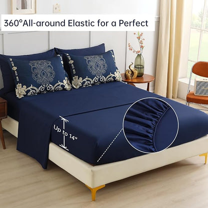 Mybedsoul Blue Gold Queen Comforter Set, 7 Pieces Boho Bed in a Bag for Queen Bed, Damask Comforter with Sheets Pillowcases, Soft Microfiber Lightweight Bedding Sets for All Season(90"x90")