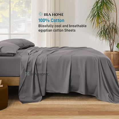 100% Egyptian Cotton Queen Size Bed Sheets, 600 TC Luxury Bedding Set, Long Staple Cotton, 4 Piece Set - 1 Fitted Sheet, 1 Flat Sheet & 2 Pillowcases, Fits Upto 16" Mattress - Dark Grey