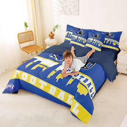 Erosebridal Football City 7 Pcs Comforter Set Full Football Bedding for Boys Girls Blue Rugby Game Sheet Set Bed in A Bag Football Fans Bedroom Decor Sports Ball Team Bed Set