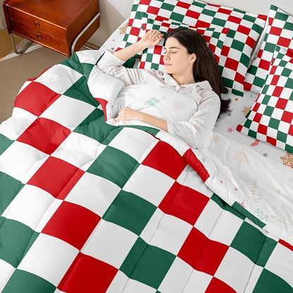 Feelyou Checkered Christmas Comforter Set with Sheets 7 Piece King Size Red Green Plaid Bedding Set for Kids Boys Girls Geometric Vintage Bed in a Bag Modern Simple Groovy Aesthetic Room Decor Soft