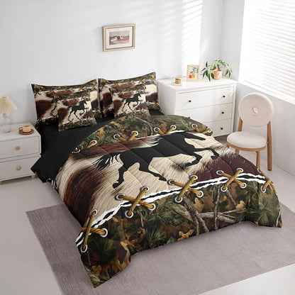 Erosebridal Camo King Size Comforter Set with Sheets | Western Horse 7 Piece Bedding Set Mens Camouflage Country Bed in a Bag, Farmhouse Woodland Animals Room Decor,Rustic Cabin Decor Camo Bed Set