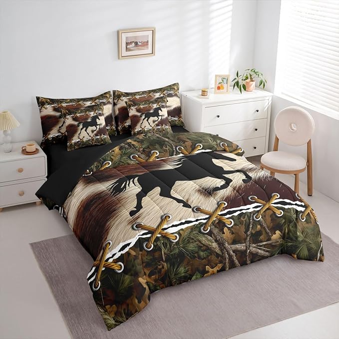 Erosebridal Camo Full Size Bed Sheets and Comforter Set | Western Horse 7 Piece Bedding Set Mens Camouflage Country Bed in a Bag, Farmhouse Woodland Animals Room Decor,Rustic Cabin Decor Camo Bed Set