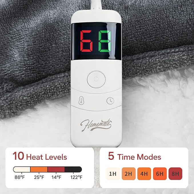 Homemate Heated Weighted Blanket for Adults - 50"x60" 10lbs Electric Throw Fast Heating Heavy Blanket 1/2/4/6/8 Hour Auto Off 10 Heat Levels Over-Heat Protection Soft Flannel Sherpa