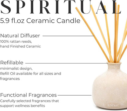 Blueme Spiritual Diffuser | Palo Santo & Vetiver | 5.92 Fl Oz - Refillable Wellness Diffuser, Contains Essential Oil, Sustainable, Hand Finished, Premium, Luxury Ceramic, Natural Rattan Reeds, | Small