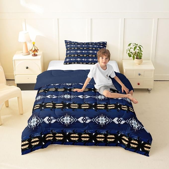 Erosebridal Southwestern Comforter Set Twin Bohemian Geometric Quilt,Ethnic Tribal Arrow Bedding Set Western Duvet Insert,Country Decor Western Room Decor for Bedroom Western Bedroom Decor Blue