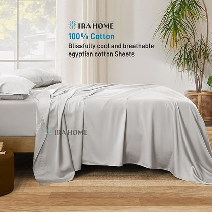 100% Egyptian Cotton King Size Bed Sheets, 600 Thread Count Luxury Bedding, Long Staple Cotton, 4 Piece Set - 1 Fitted Sheet, 1 Flat Sheet & 2 Pillowcases, Fits Upto 16" Mattress - Light Grey