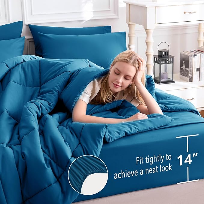 CozyLux King Size Comforter Set Teal, 7 Pieces Bed in a Bag, Teal Comforter King Size, All Season Bedding Sets with Stitch Quilted Comforter, Flat Sheet, Fitted Sheet, Pillowcases