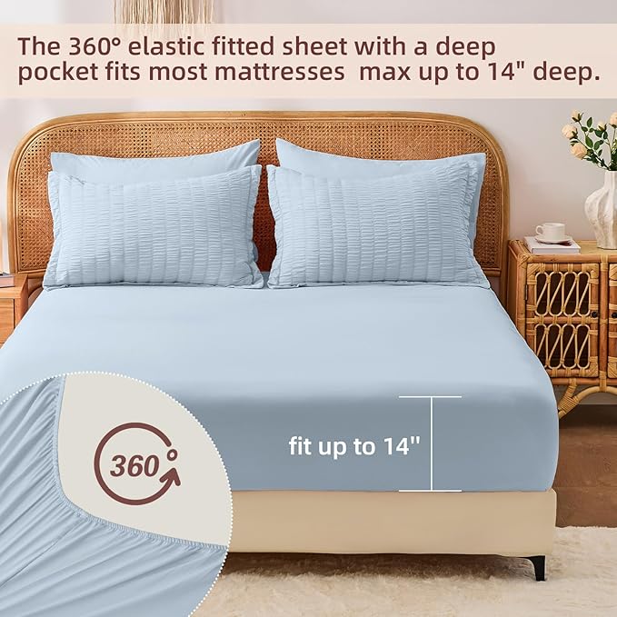 FUANNA Queen Comforter Set 7 Pieces, Luxury Seersucker Bed in a Bag Queen Size for All Seasons, Soft Bedding Set with Comforter, Flat Sheet, Fitted Sheet, Pillowcases & Shams for Bedroom, Grayish Blue