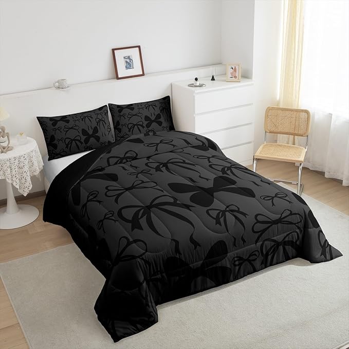 Feelyou Cute Bowknot Bedding Set Boys Girls Queen Size Bow Comforter Set for Kids Women Men Ultra Soft Girls Bow Duvet Quilt Kawaii Room Decor Lovely Decor