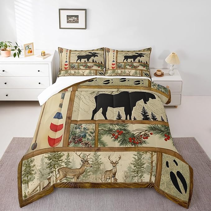 Retro Cabin Lodge Decor Comforter Set Twin, Rustic Farmhouse Moose Bedding Comforter Sets, Lake House Decor Paddle Bedding, Woodland Pine Tree Down Comforter, Buffalo Plaid Quilt with 1 Pillowcase
