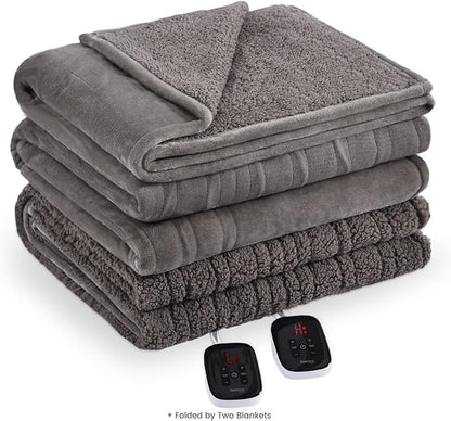 Bearhug Electric Blanket Queen Size 84" x 90", Dual Controllers Heated Blanket, Velvet & Sherpa, 10-Heating Level & 1-12H Auto Off, Taupe, Over-Heat Protect, ETL, Machine Washable