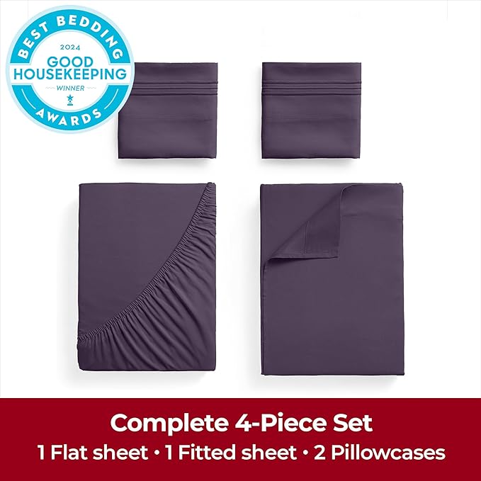Mellanni Extra Deep King Sheets - 4 PC Iconic Collection Bedding - Hotel Luxury, Ultra Soft, Cooling Bed Sheets - Wrinkle, Fade, Stain Resistant (King, Purple)