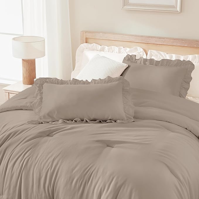 Andency Light Brown Ruffle Comforter Cal King(104x96Inch), 3 Pieces(1 Ruffled Comforter and 2 Pillowcases) Solid Farmhouse Shabby Chic Bed, Vintage Rustic Soft Microfiber Bedding Set