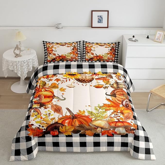 Thanksgiving Comforter Set Fall Pumpkin Mushrooms Bedding Comforter Sets Twin Brown Buffalo Plaid Bed Comforter Set,Autumn Harvest Season Duvet Insert,Fall Decorations For Home Bedroom 1 Pillow Case