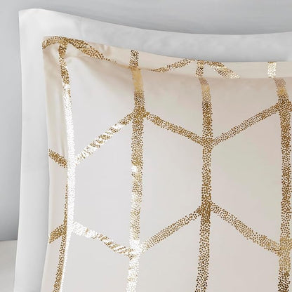 Intelligent Design Raina Twin / Twin XL Comforter Set, Soft Microfiber Comforter Set Twin, Modern Geometric Metallic Bed Set, 4 Pieces College Bedding Comforter Set with 1 Sham, 2 Toss Pillows Ivory