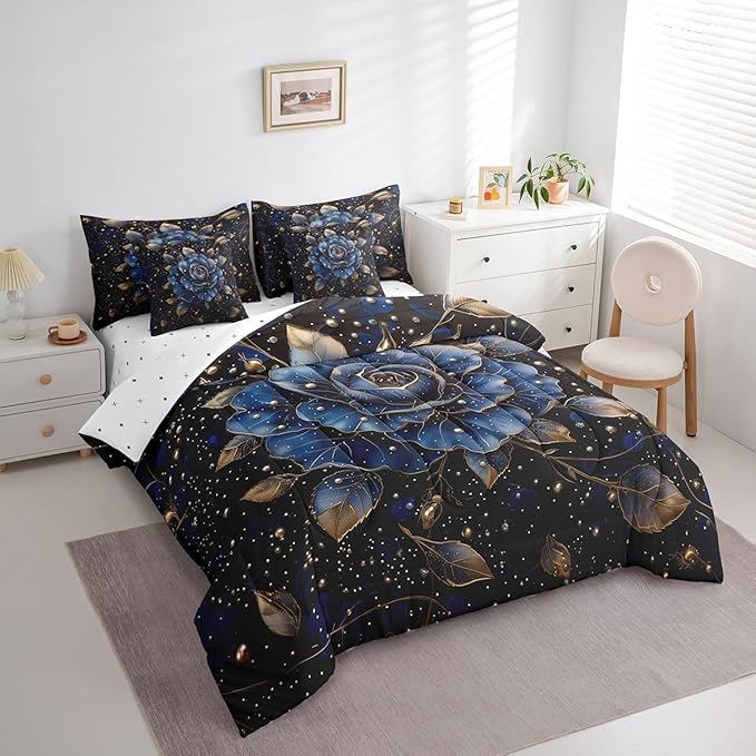 Erosebridal Gold Blue Rose Comforter Set Twin 7 Piece,Romantic Rose Flower Bedding Set for Girls Women Bedroom Decor,Rustic Flowers Bed in a Bag with Fitted Sheet,Flat Sheet,Pillowcases & Shams