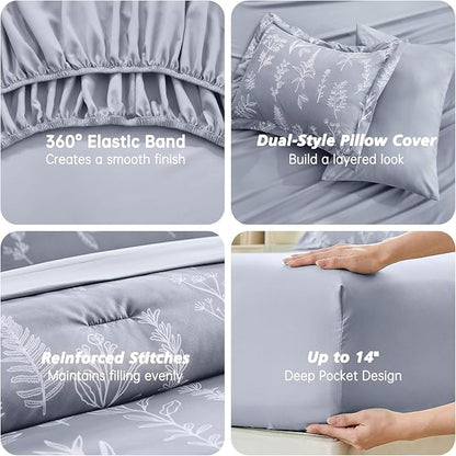 MUXHOMO Light Grey Full Comforter Set, Elegant Floral Print Bed in a Bag 7 Pieces, Ultra Soft & Breathable Reversible Botanical Pattern Bedding Set with Comforter, Sheets, Pillowcases, and Shams