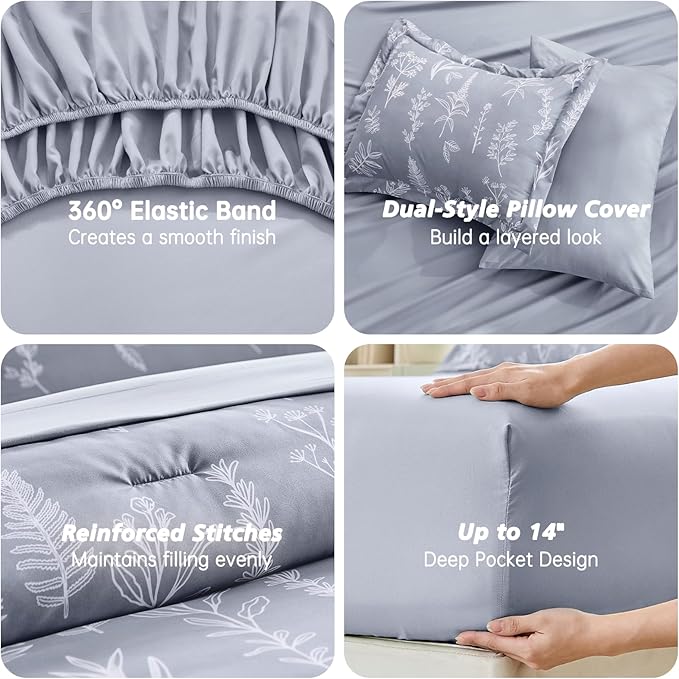 MUXHOMO Light Grey King Comforter Set, Elegant Floral Print Bed in a Bag 7 Pieces, Ultra Soft & Breathable Reversible Botanical Pattern Bedding Set with Comforter, Sheets, Pillowcases, and Shams