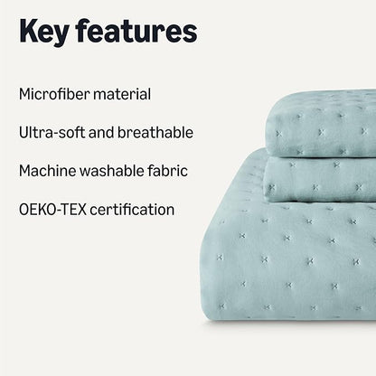 Amazon Basics Brushed Microfiber Quilt Set, Extra Soft with Natural Texture, 3-Piece, King, Blue