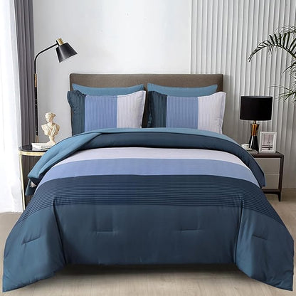 WONGS BEDDING Navy Blue Comforter Set Queen, Reversible Striped Patchwork Down Alternative Comforter,3 Pieces (1 Comforter+2 Pillowcases), Soft Microfiber Bedding Duvet Insert Set 90"×90"