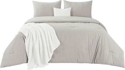 Bedsure 5 Pieces Cotton Comforter Set with Cotton Waffle Throw Blanket - Beige Queen Comforter, Pillow Shams, White Cooling Blanket of Rayon Derived from Bamboo for Hot Sleepers, Throw Pillow