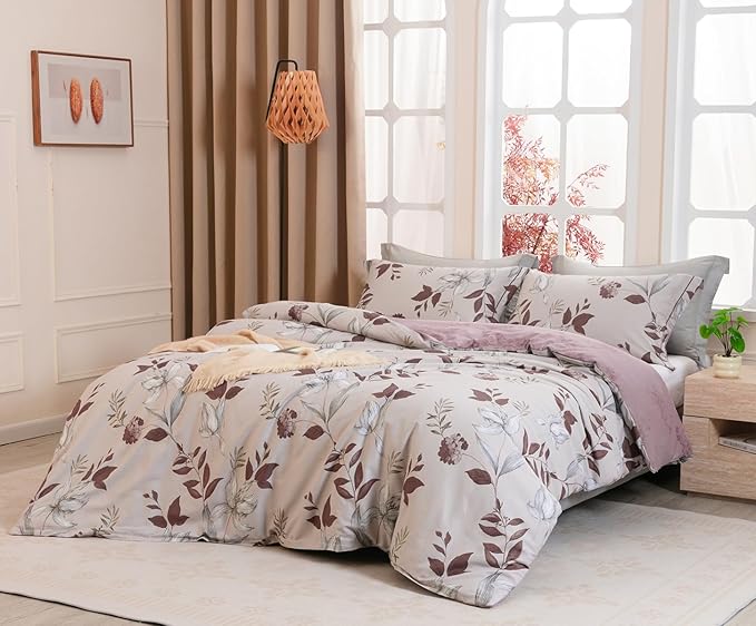 SLEEPBELLA Comforter Queen Size, 600 Thread Count Cotton Burgundy Botanical with Grey Floral Pattern Pink Reversible Comforter Set,Down Alternative Bedding Set 3Pcs(Queen, Burgundy Botanical)