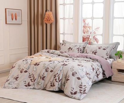 SLEEPBELLA Comforter Queen Size, 600 Thread Count Cotton Burgundy Botanical with Grey Floral Pattern Pink Reversible Comforter Set,Down Alternative Bedding Set 3Pcs(Queen, Burgundy Botanical)