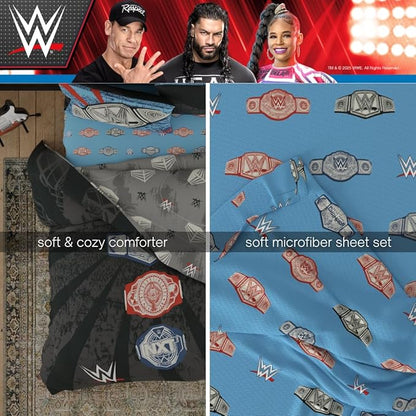 WWE Wrestling Full Bedding Set – 7 Piece Super Soft Microfiber Reversible Comforter & Sheet Set Featuring Championship Belts (Officially Licensed Product) by Franco