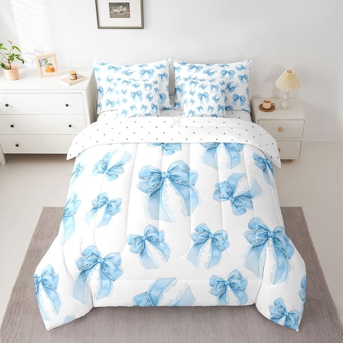 Erosebridal Kawaii Cute Girls Bowknot Blue 7 Piece Bedding Set Twin | Lace Dreamy Comforter Set with Sheets Princess Bed in A Bag Bow Kids Bed Sets