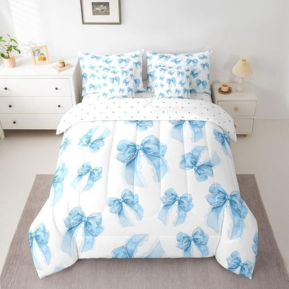 Erosebridal Kawaii Cute Girls Bowknot Blue Full Comforter Set 7 Pieces | Lace Dreamy Bed in A Bag for Bedroom Princess Bedding Set with Comforters Bow Kids Room Decor