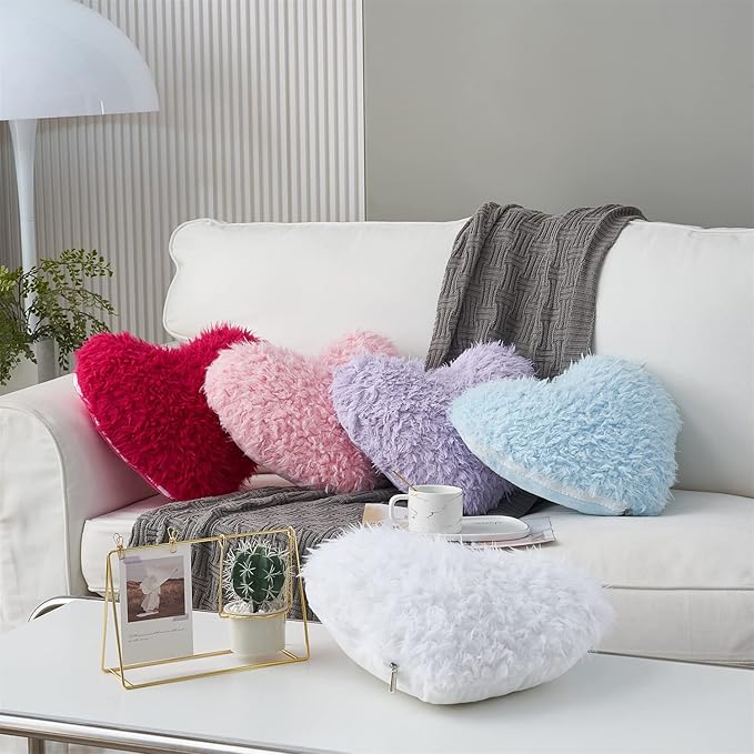 Purple Heart Pillow, Fluffy Heart Throw Pillow with Pillow Cover and Insert, Soft Faux Fur, Decorative Design for Mothers Day,Valentine's Day (Purple Heart Shape-15.7X15.7Inches)