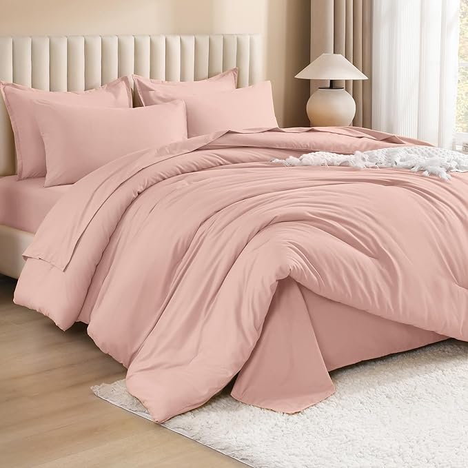 Litanika Comforter Full Size Set Blush Pink - 7 Pieces Bed in a Bag Full Bedding Comforter Sets, Plain Lightweight Bed Set with Comforter, Sheets, Pillowcases & Shams