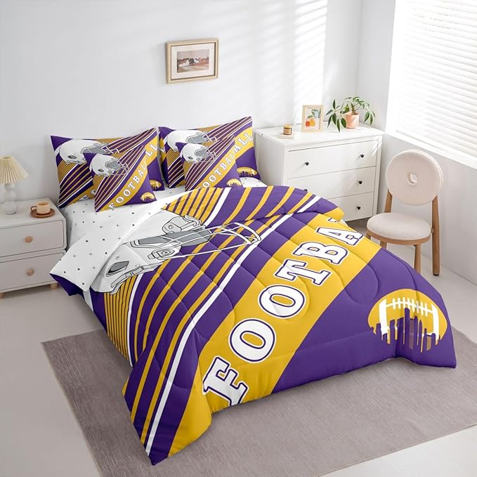 Erosebridal Rugby Football Comforter Sets Queen Size, Sports City Themed Bedding Bed in A Bag(Comforter+Fitted+Flat Sheet+2 Pillowcases+2 Throw Pillow Covers) 7 Pieces Bed Set