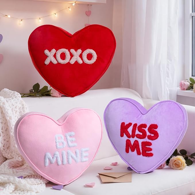 Lanpn Valentines Day Heart Pillows 3Pcs, Love Heart Shaped Pillow Plush Throw Pillow Heart Decorative Cushion for Living Room Bedroom Couch Bed Sofa Valentine Day Decor (Pink Red Purple, 16x14in)