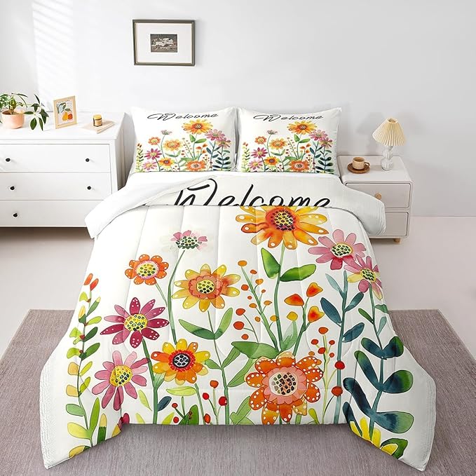 Erosebridal Sunflower Daisy Bedding Set for Kids Rustic Flowers King Comforter Set for Boys Girls,Watercolor Country Farmhouse Floral Bedding Comforter Sets Cute Cartoon Garden Botanical Bed Set
