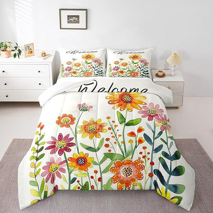 Erosebridal Sunflower Daisy Bedding Set for Kids Rustic Flowers Full Comforter Set for Boys Girls,Watercolor Country Farmhouse Floral Bedding Comforter Sets Cute Cartoon Garden Botanical Bed Set