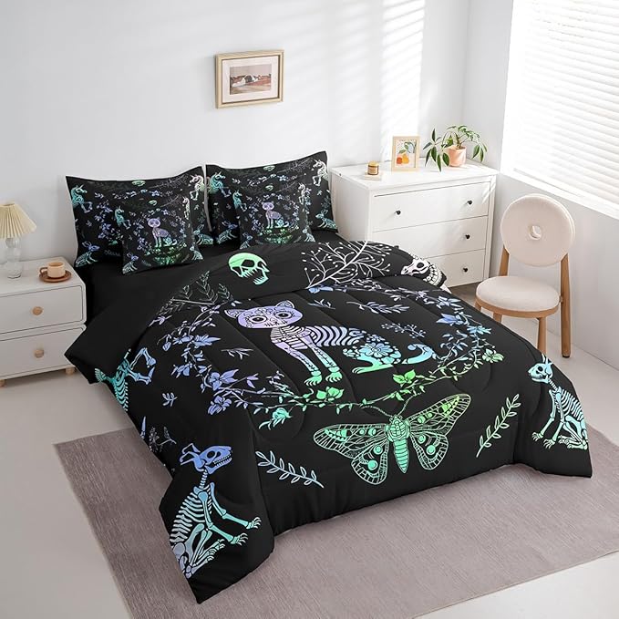 Castle Fairy Cute Cat Bedding Set 7 Pieces,Exotic Animals Skeleton Comforter Set with Sheets for Kids Teens Bedroom Decor,Butterfly Boho Flowers Leaves Bed Set in a Bag with Pillow Covers,Twin