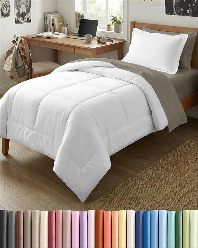 Twin Comforter Set - 2 Piece Bed Set for All Seasons - 1 Soft Quilted Comforter with Corner Tabs & 1 Pillow Sham - Comfy, Cozy & Breathable - Premium Down Duvet Insert - Oeko-TEX - Twin Size, White